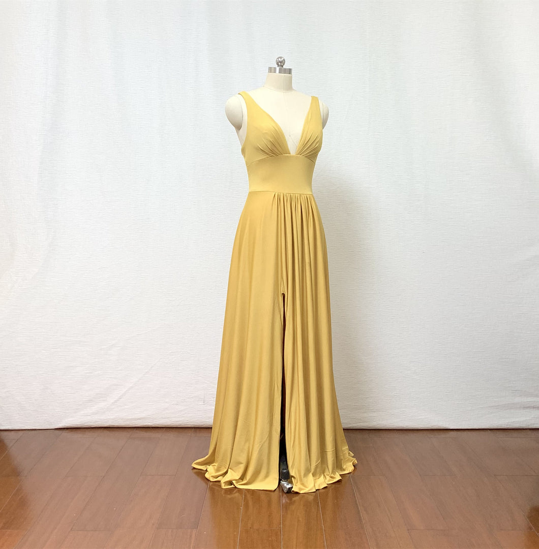 V-neck Gold Spandex Long Prom Dress Slit