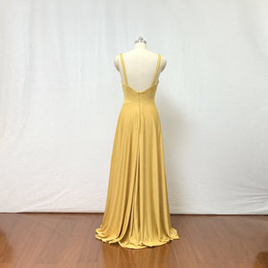 V-neck Gold Spandex Long Prom Dress Slit