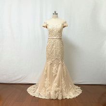 Load image into Gallery viewer, Off the Shoulder Champagne Lace Applique Tulle Long Prom Dress Mermaid