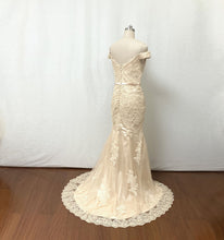 Load image into Gallery viewer, Off the Shoulder Champagne Lace Applique Tulle Long Prom Dress Mermaid