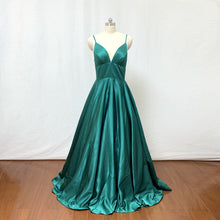 Load image into Gallery viewer, Spaghetti Straps Emerald Green Satin Long Prom Dress Ball Gown