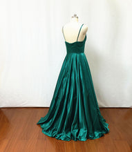 Load image into Gallery viewer, Spaghetti Straps Emerald Green Satin Long Prom Dress Ball Gown