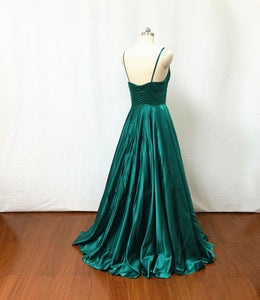 Spaghetti Straps Emerald Green Satin Long Prom Dress Ball Gown