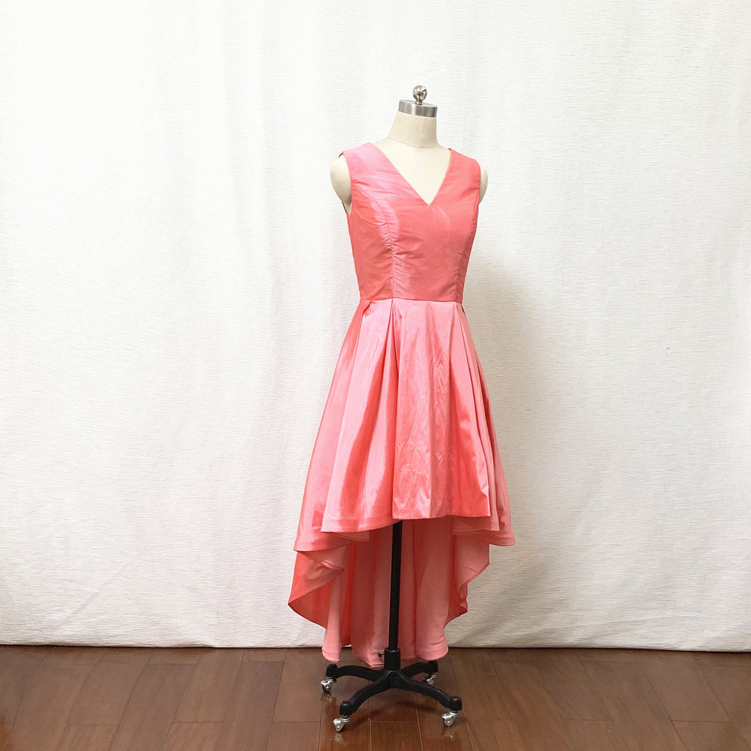 V-neck Watermelon Taffeta High Low Prom Dress