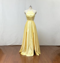 Load image into Gallery viewer, Spaghetti Straps Yellow Satin Long Prom Dress with Slit Pockets