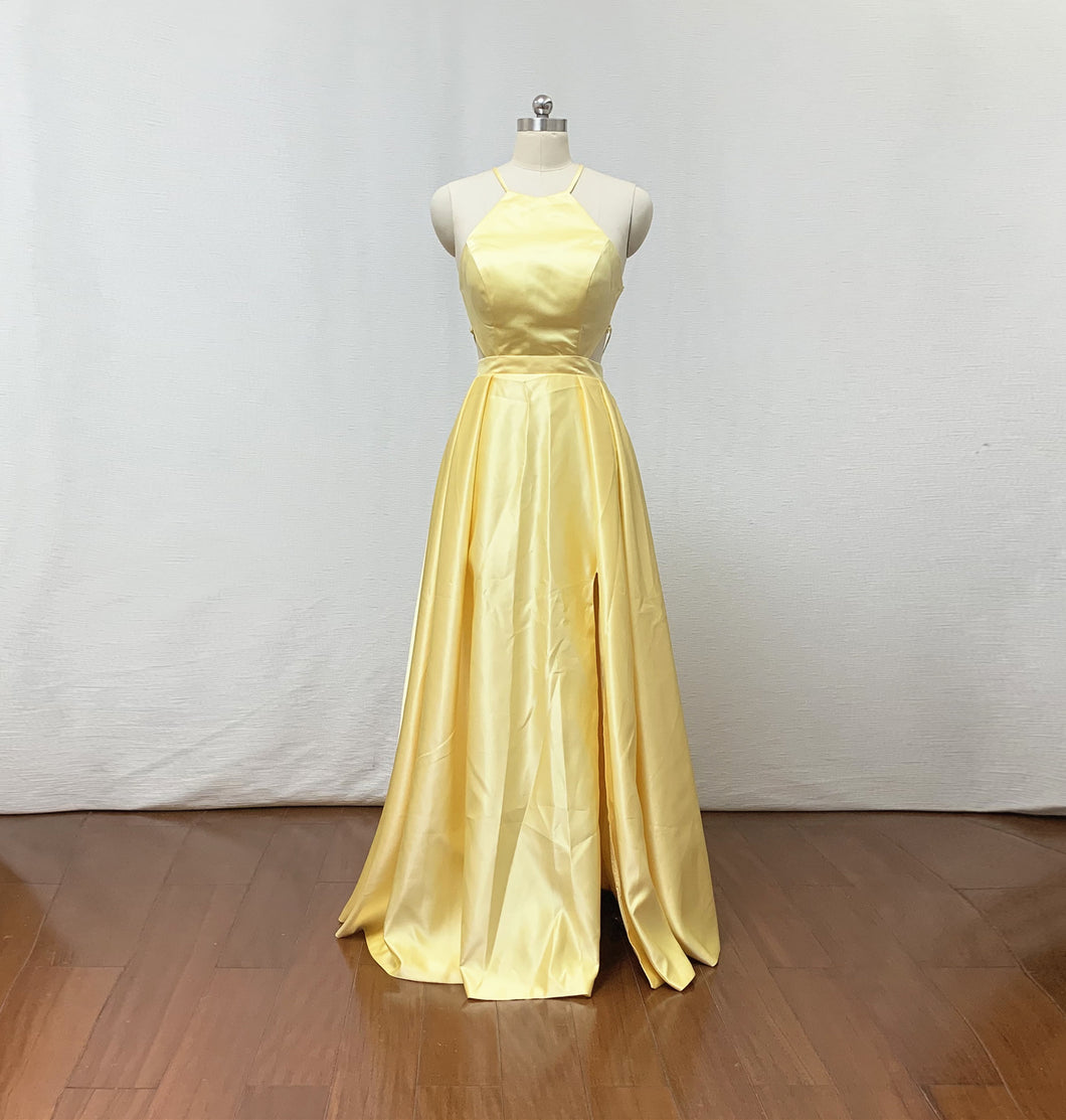 Spaghetti Straps Yellow Satin Long Prom Dress with Slit Pockets