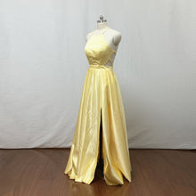 Load image into Gallery viewer, Spaghetti Straps Yellow Satin Long Prom Dress with Slit Pockets