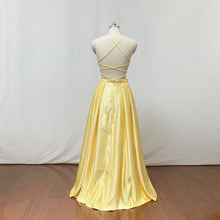 Load image into Gallery viewer, Spaghetti Straps Yellow Satin Long Prom Dress with Slit Pockets