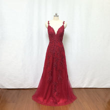 Load image into Gallery viewer, Spaghetti Straps Burgundy Lace Applique Tulle Long Prom Dress