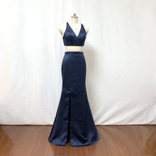 Load image into Gallery viewer, Mermaid Two Piece Navy Blue Satin Long Prom Dress with Slit