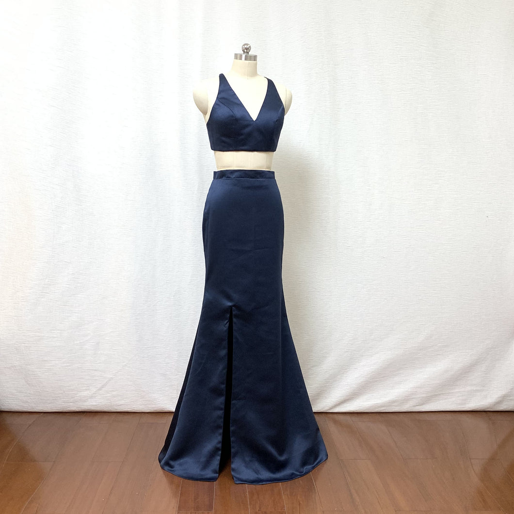 Mermaid Two Piece Navy Blue Satin Long Prom Dress with Slit