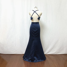 Load image into Gallery viewer, Mermaid Two Piece Navy Blue Satin Long Prom Dress with Slit