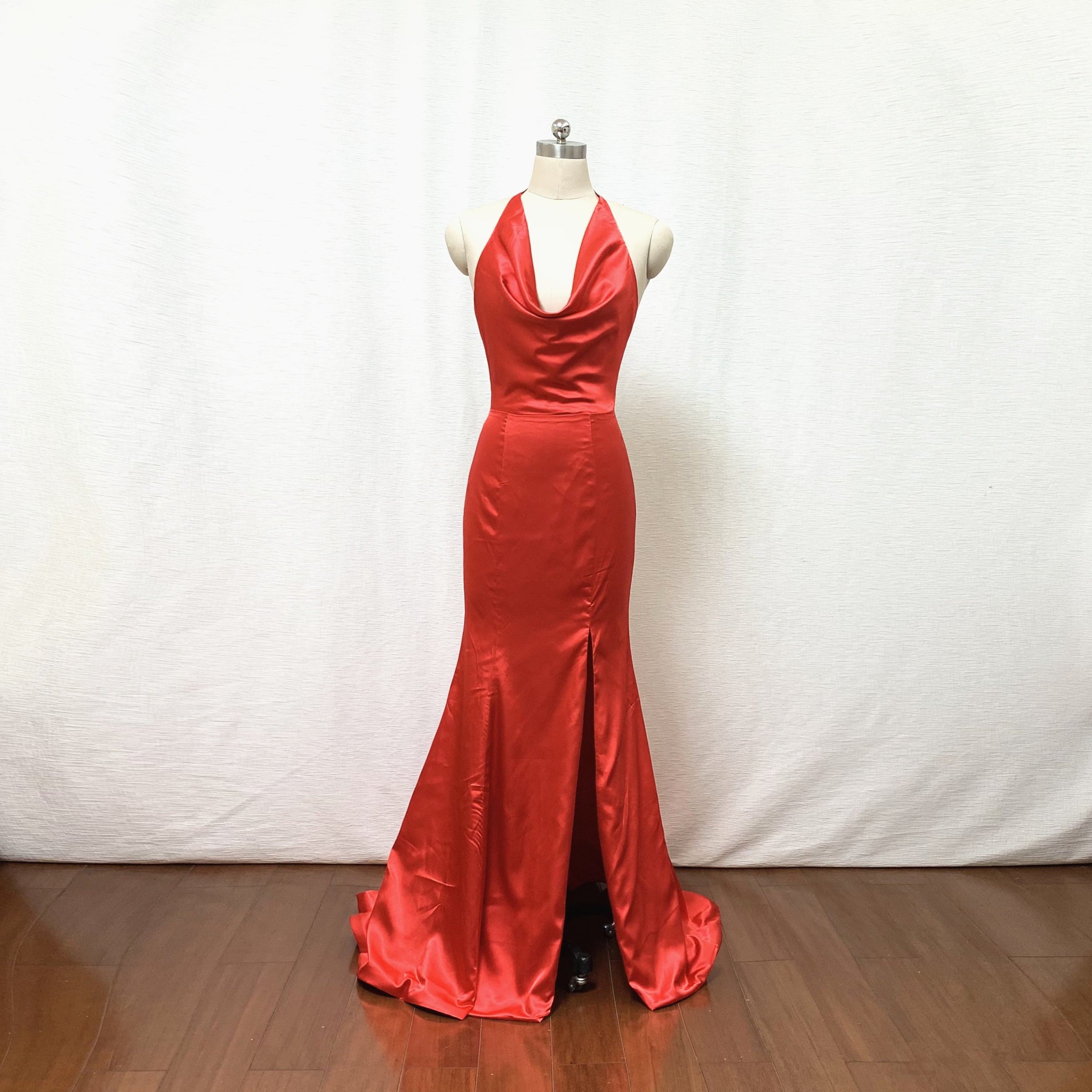 Mermaid Cowl Red Silk Long Prom Dress with Slit  DressCulture