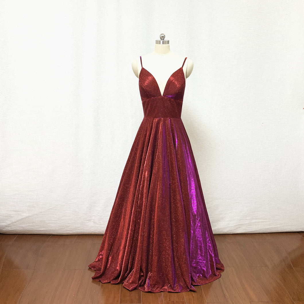 Spaghetti Straps Burgundy Glitter Long Prom Dress