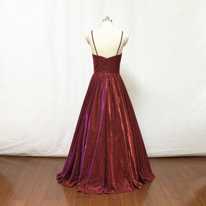 Spaghetti Straps Burgundy Glitter Long Prom Dress