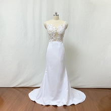 Load image into Gallery viewer, Illusion White Lace Applique Stretch Satin Long Prom Dress Mermaid