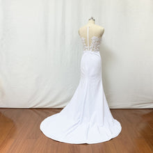 Load image into Gallery viewer, Illusion White Lace Applique Stretch Satin Long Prom Dress Mermaid