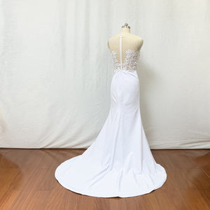 Illusion White Lace Applique Stretch Satin Long Prom Dress Mermaid