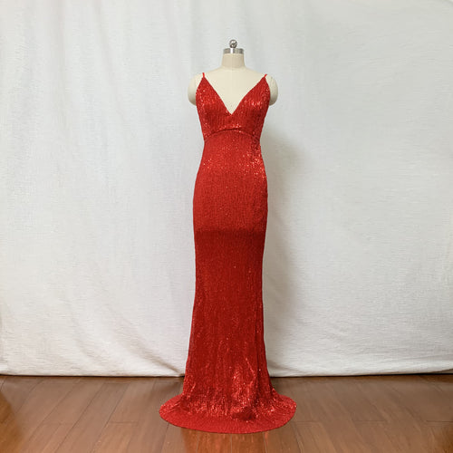 Sequin Prom Dress Mermaid Red Maxi Dress