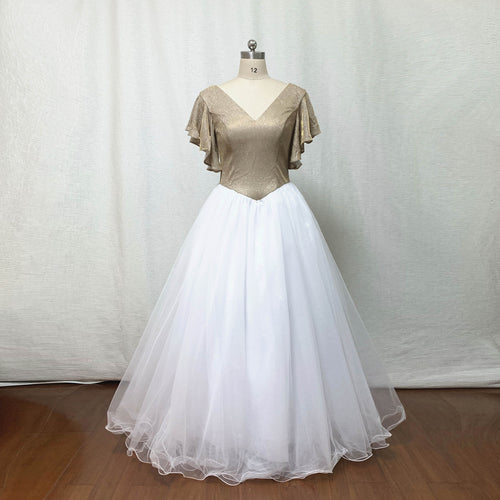 Glitter Prom Dress Ball Gown Champagne Gold Glitter White Tulle with Flutter Sleeves