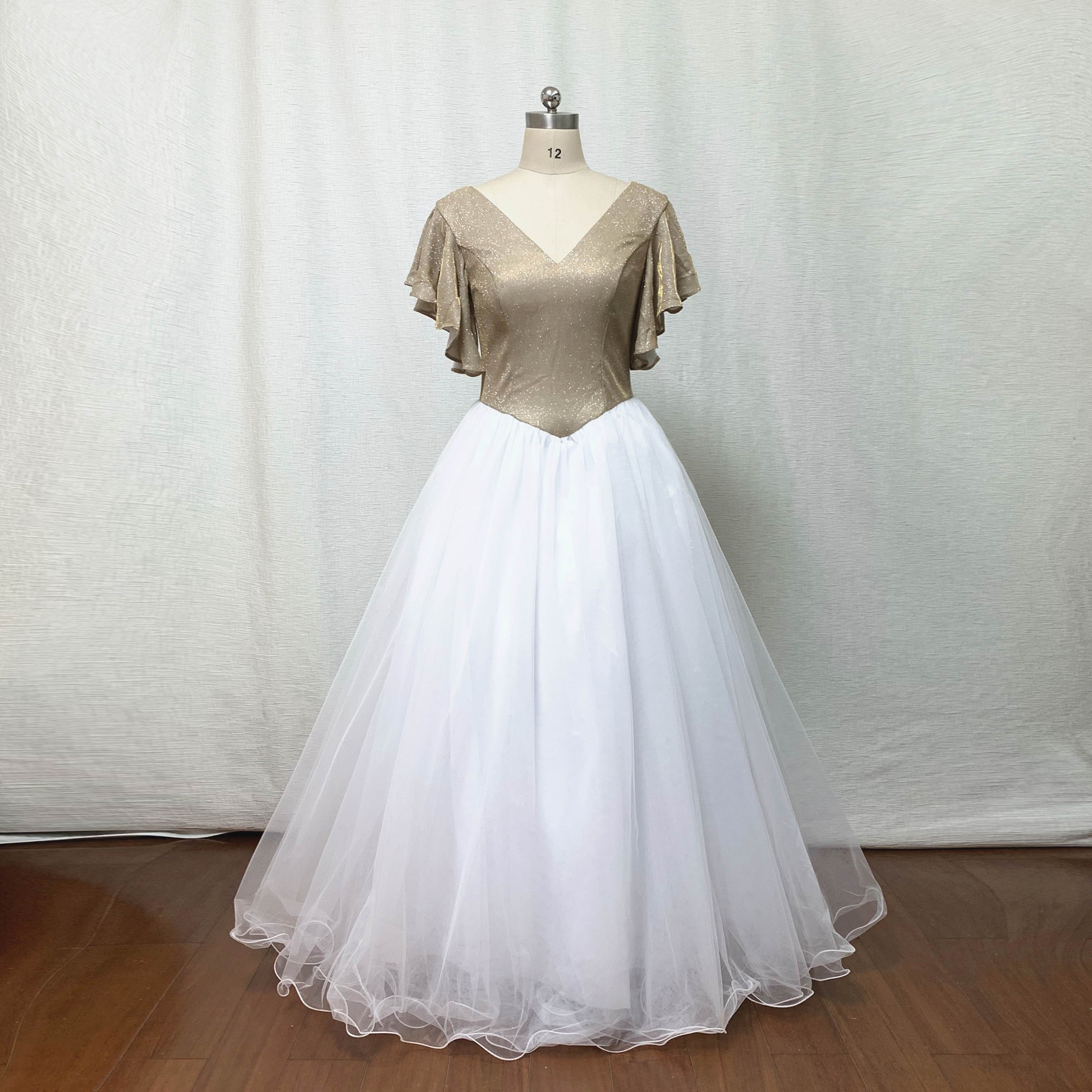 champagne white prom dress A-Line Tulle Sequin Sweep Train Light Champagne Long Prom Dress with Beads US 4 / Light Champagne