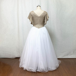 Glitter Prom Dress Ball Gown Champagne Gold Glitter White Tulle with Flutter Sleeves