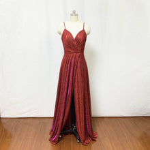 Load image into Gallery viewer, Burgundy Prom Dress Spaghetti Straps Glitter Long Evening Dress with Slit