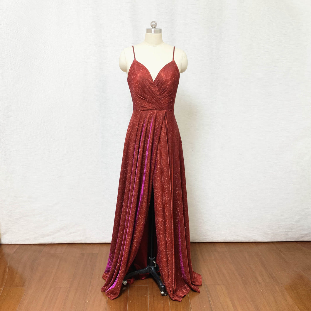 Burgundy Prom Dress Spaghetti Straps Glitter Long Evening Dress with Slit