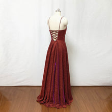 Load image into Gallery viewer, Burgundy Prom Dress Spaghetti Straps Glitter Long Evening Dress with Slit