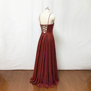 Burgundy Prom Dress Spaghetti Straps Glitter Long Evening Dress with Slit