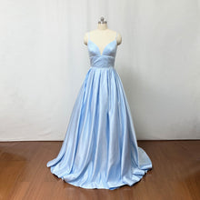 Load image into Gallery viewer, Blue Satin Prom Dress Ball Gown Long Evening Dress