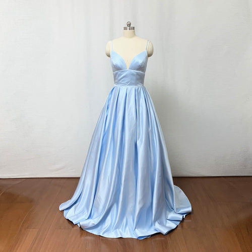 Blue Satin Prom Dress Ball Gown Long Evening Dress