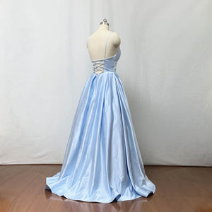 Blue Satin Prom Dress Ball Gown Long Evening Dress