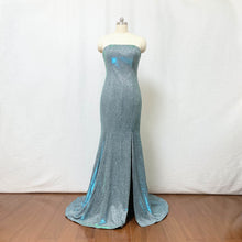 Load image into Gallery viewer, Mermaid Prom Dress Strapless Silver Green Glitter Long Evening Dress with Slit