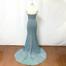 Load image into Gallery viewer, Mermaid Prom Dress Strapless Silver Green Glitter Long Evening Dress with Slit