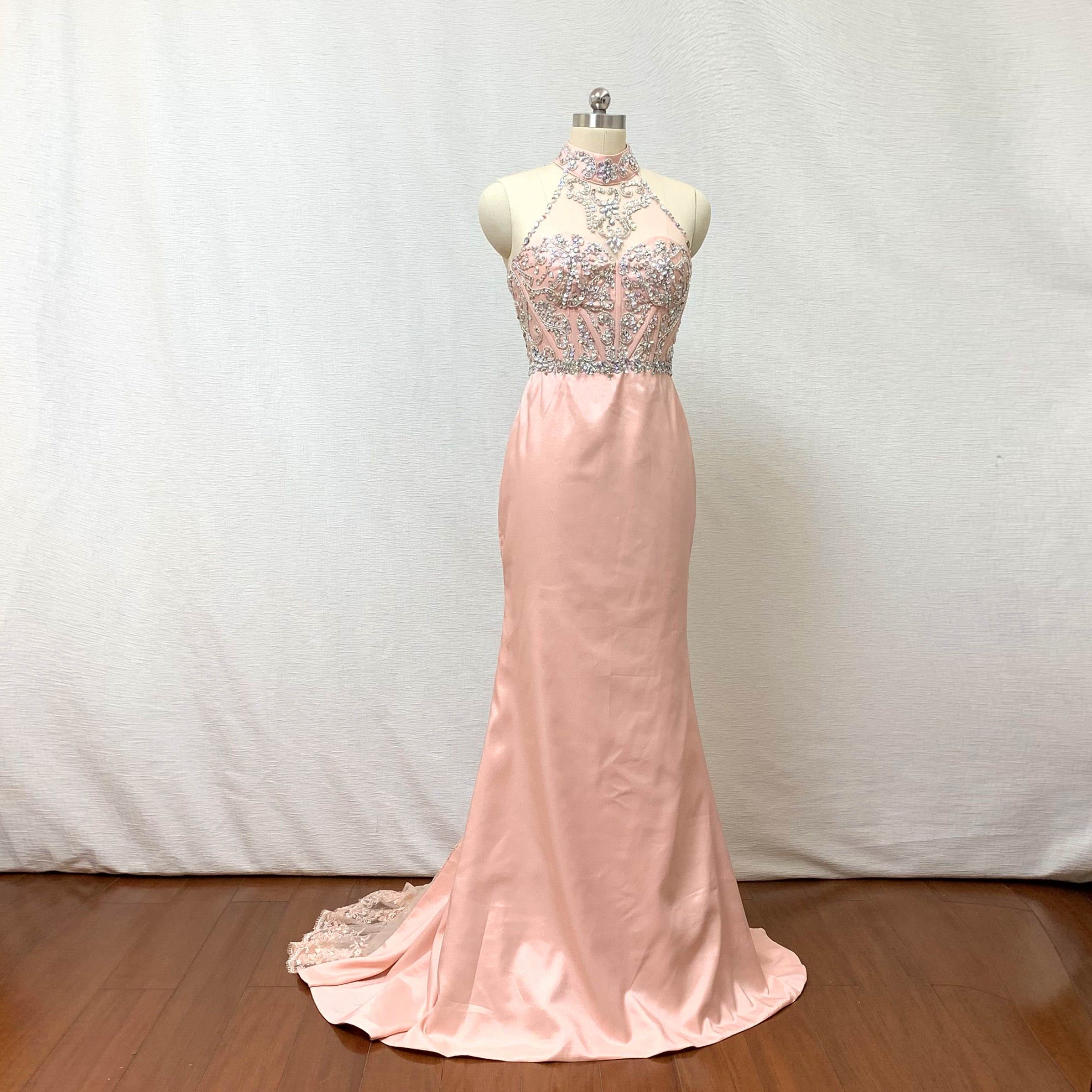 Beaded Prom Dress Mermaid Pearl Pink Satin Long Evening Dress – DressCulture