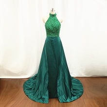 Load image into Gallery viewer, Overskirt Prom Dress Beaded Emerald Green Satin Long Evening Dress