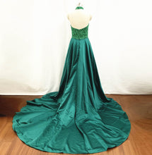 Load image into Gallery viewer, Overskirt Prom Dress Beaded Emerald Green Satin Long Evening Dress