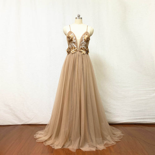 Tulle Prom Dress Floral Tan Long Evening Dress