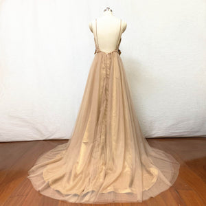 Tulle Prom Dress Floral Tan Long Evening Dress