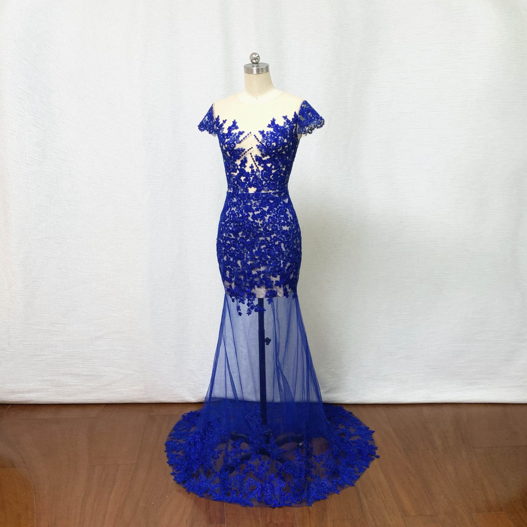 Sexy Prom Dress Mermaid Royal Blue Lace Applique Long Evening Dress