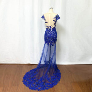 Sexy Prom Dress Mermaid Royal Blue Lace Applique Long Evening Dress