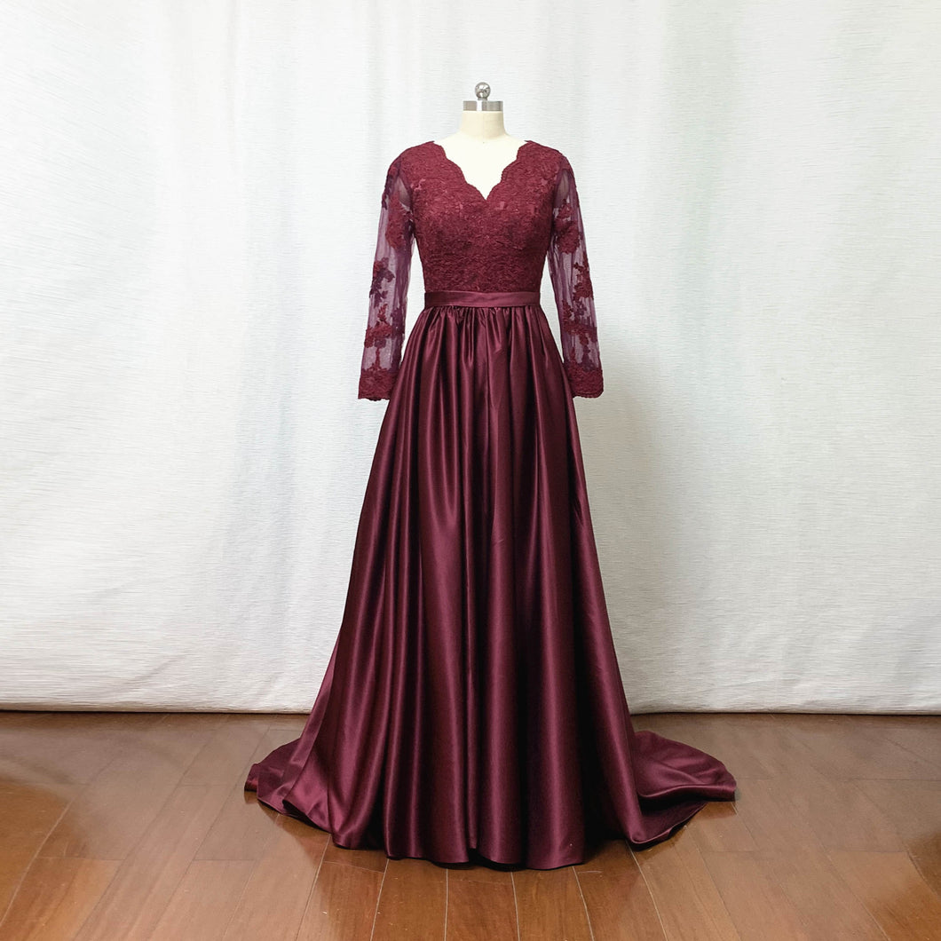 Long Sleeves Prom Dress Burgundy Lace Satin Long Evening Dress