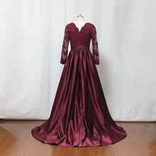 Load image into Gallery viewer, Long Sleeves Prom Dress Burgundy Lace Satin Long Evening Dress