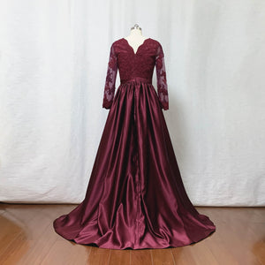 Long Sleeves Prom Dress Burgundy Lace Satin Long Evening Dress