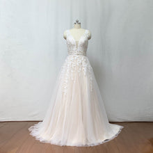 Load image into Gallery viewer, Lace Tulle Prom Dress Ball Gown Ivory Tulle Champagne Lining Long Evening Dress