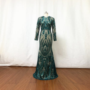 Dark Green Pattern Sequin Prom Dress Mermaid Long Sleeves with Detachable Skirt Satin