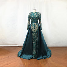 Load image into Gallery viewer, Dark Green Pattern Sequin Prom Dress Mermaid Long Sleeves with Detachable Skirt Satin