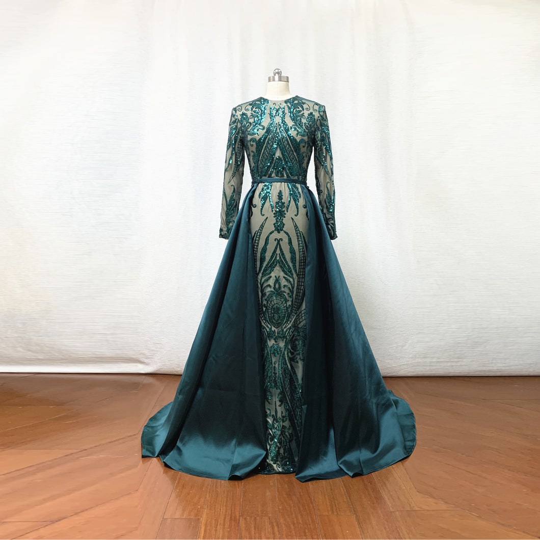 Dark Green Pattern Sequin Prom Dress Mermaid Long Sleeves with Detachable Skirt Satin