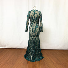 Load image into Gallery viewer, Dark Green Pattern Sequin Prom Dress Mermaid Long Sleeves with Detachable Skirt Satin